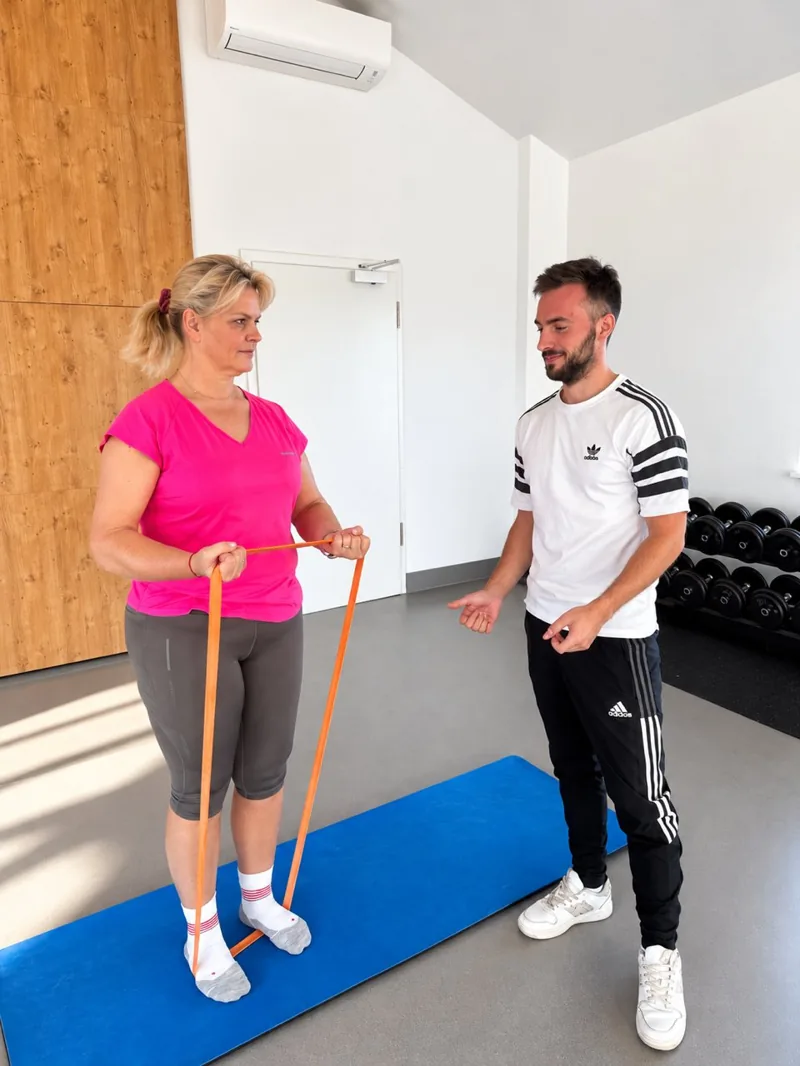 Osteoporose-Kurs im Institut Wellness: Kursleiter erklärt einer Teilnehmerin eine Übung mit dem Band