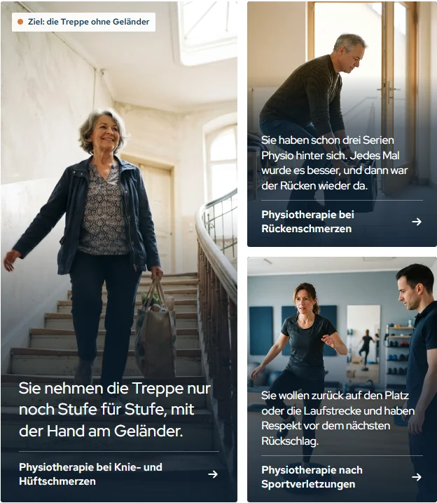 Ausschnitt k8-physio.ch: Beschwerden-Übersicht mit eigenen Seiten für Rücken, Knie, Schulter, nach der Operation und Sport